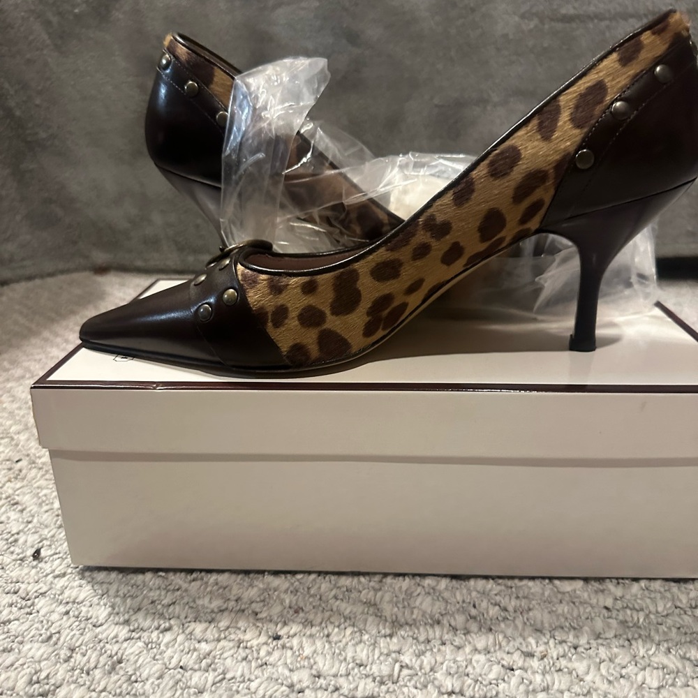 Coach Brown Leather Pointed Toe Heels with Stud Detail - Picture 2 of 3